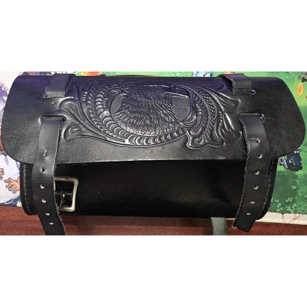 Vintage Leather Motorcycle Tool Bag Eagle Made in USA Black Handlebar Fork Pouch - Picture 1 of 5